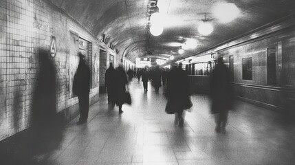 Black and white motion-blurred scene of commuters walking through a long underground subway corridor, capturing the fast-paced energy of urban transportation with a dramatic and abstract perspective.
