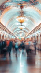 Abstract motion-blurred scene of commuters walking through a futuristic underground subway station with sleek, curved ceilings and bright artificial lighting, creating a fast-paced urban atmosphere.