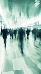 Abstract motion-blurred scene of commuters walking through a futuristic underground subway station with sleek, curved ceilings and bright artificial lighting, creating a fast-paced urban atmosphere.