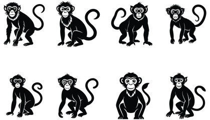 Gorilla with earring in sunglasses - outline cut out silhouette. Ape, monkey head character mascot. silhouette of wild monkey icon set. Bundle. 