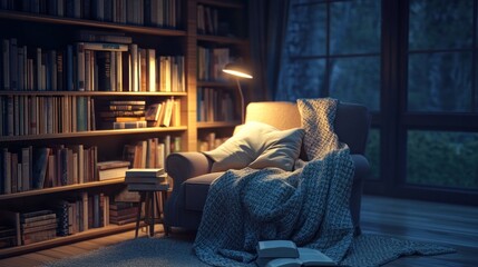 Obraz premium Cozy reading nook with bookshelves and soft lighting