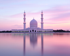 Fototapeta premium Melting pot cityscape. Majestic mosque reflecting in calm water at sunset with pastel colors