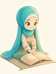 Young girl in turquoise hijab reading a book
