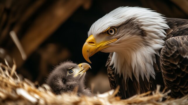 Bald eagle feeds its young in the eyrie during a peaceful moment