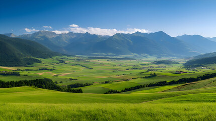 Serene Green Valley Landscape with Distant Mountains under a Sunny Sky