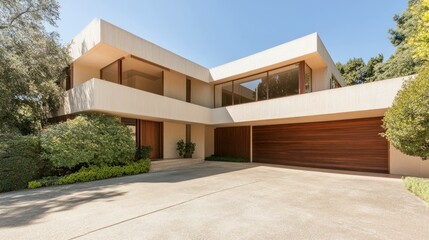 Fototapeta premium Modern minimalist house with large windows showcasing contemporary architecture surrounded by greenery, representing tranquility and elegance in a suburban setting