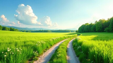 Serene Countryside Vista A Picturesque Dirt Road Winds Through Lush Green Fields Under a Bright Summer Sky, Towards a Distant Line of Trees