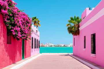 Fototapeta premium Melting pot cityscape. Vibrant pink buildings with bougainvillea flowers by turquoise sea