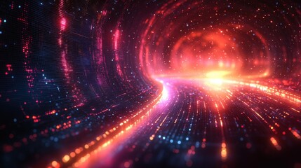 Obraz premium Data tunnel abstract. Red and blue light beams. Digital stream travels forward. Data transfer concept for technology or future background.
