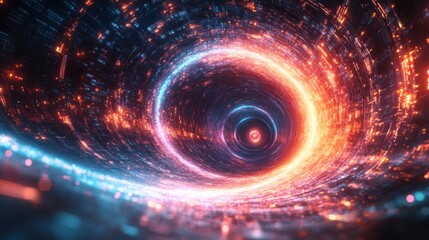 Fototapeta premium Abstract Technology Tunnel. Glowing Light Speed. Digital Data Stream. Sci Fi Wormhole. Orange Blue Colors. Futuristic Background