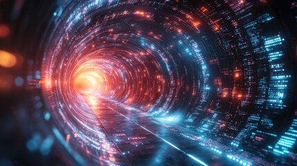 Obraz premium Bright light at end of tunnel. Futuristic data flow with red and blue dots. Fast moving through digital space. Information highway.