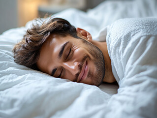 Fototapeta premium Smiling man enjoying a peaceful sleep on a cozy bed