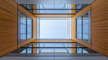 Fototapeta premium Modern Architectural View from Below with Glass and Wood Elements