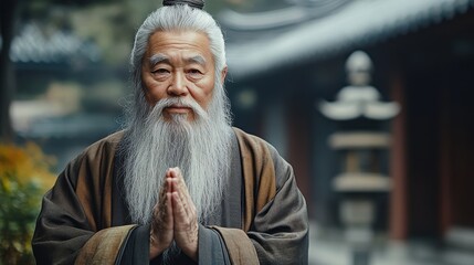 Elderly man with long beard in traditional attire performing gesture of prayer in serene outdoor setting