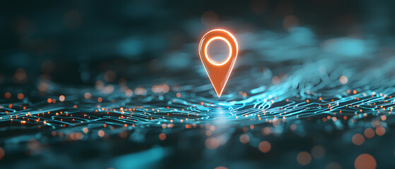 holographic wayfinder pin marking hidden digital path futuristic landscape. glowing pin stands out against backdrop of intricate circuitry and glowing particles, creating sense of exploration