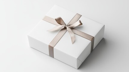Fototapeta premium Elegant white gift box with a beige ribbon, perfect for celebrating special occasions and expressing gratitude.