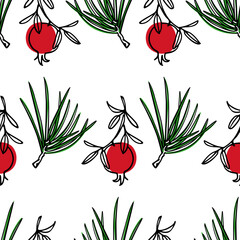 Vector seamless pattern with hand drawn pomegranate branches with ripe red fruit and pine twigs. Beautiful ink drawing, graphic style. Food and nature design elements. Perfect for prints and patterns