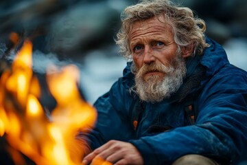 Adventurer gazes thoughtfully at vibrant flames while seated by a campfire on a rocky coastline at dusk