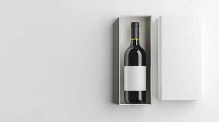 Elegant wine bottle in minimalist white box packaging on a sleek white surface.