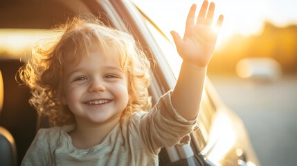 Cheerful Child Waving Goodbye in Sunlit Car 