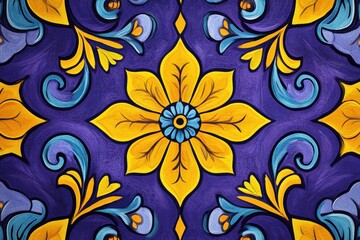 Fototapeta premium Vibrant floral pattern illustration featuring yellow and blue elements on a rich purple background, perfect for interior design and decor projects