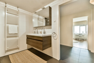 Modern bathroom interior with double sink and natural light