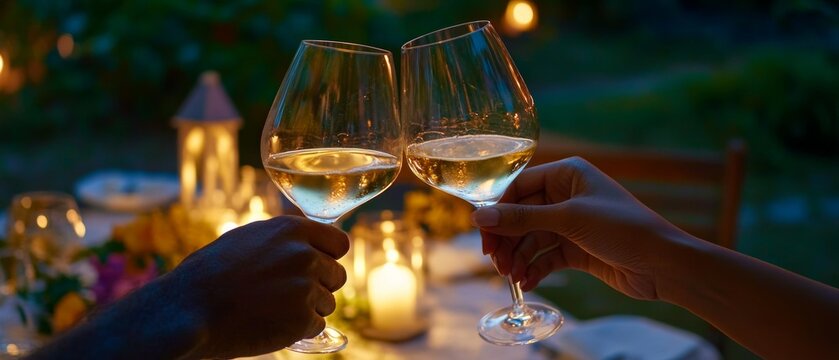 Cheers to Love: Romantic White Wine Toast Under Moonlit Garden 