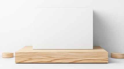Naklejka premium Minimal wooden podium with blank white canvas in bright studio setting, perfect for design presentations.