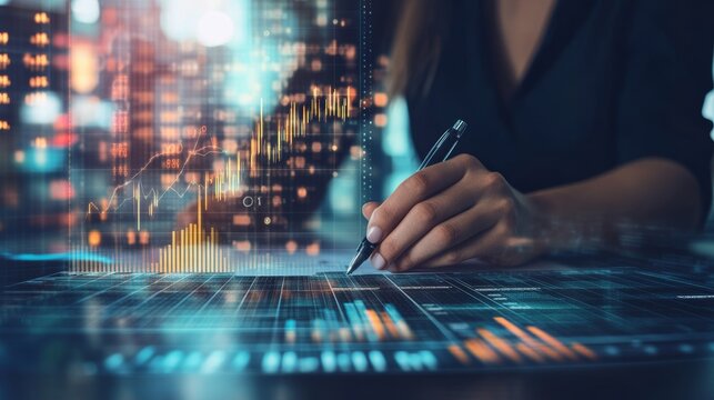 Close-up of a Specialist Analyzing Financial Data Trends with Digital Enhancements 