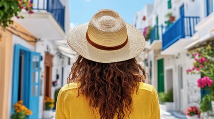 Woman walking down narrow street lined with colorful houses, wearing straw hat and yellow blouse.