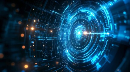 Obraz premium Futuristic technology background with glowing circular holograms and circuit board elements. High-tech digital abstract wallpaper for video wall design, banner, or presentation.