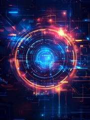 Obraz premium Futuristic technology background with glowing circular holograms and circuit board elements. High-tech digital abstract wallpaper for video wall design, banner, or presentation.