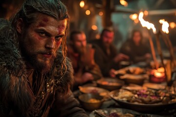 Obraz premium Viking warrior at a banquet, engaged in conversation with fellow warriors in a dimly lit hall during a festive gathering