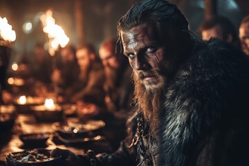 Warrior leader at a medieval gathering in a dimly lit hall during a feast with flickering torches