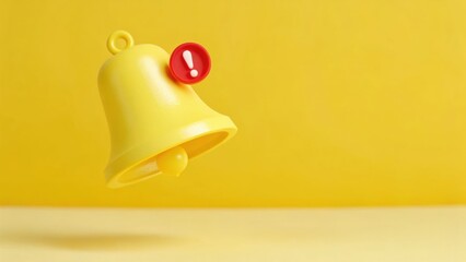 Notification Bell: A bright yellow notification bell with a red exclamation point is shown in a 3D render, perfect for emphasizing alerts, reminders, or important updates.
