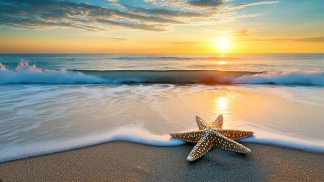 Peaceful sunrise at the beach with starfish and seashell on sandy shore, evoking summer bliss