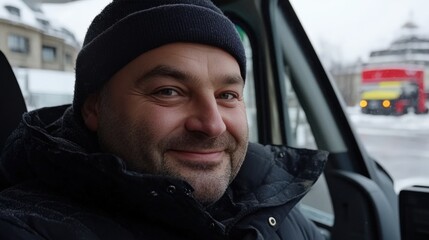 Middle-aged Caucasian man with a friendly smile sitting in a vehicle during winter, featuring snowy surroundings and a blurred background of a cityscape.