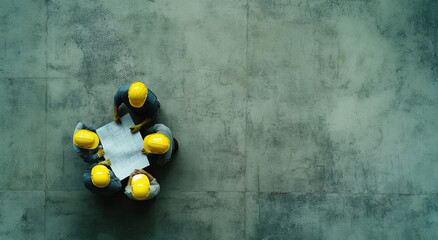 Four workers in yellow hard hats gather around construction plans, discussing details and strategies for their project outdoors