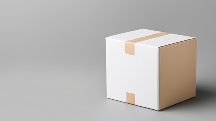 Obraz premium Minimalist cardboard box on a gray background, symbolizing packaging, shipping, and storage solutions.