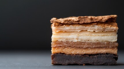 Layered dessert cake, close-up, dark background, food photography, recipe illustration