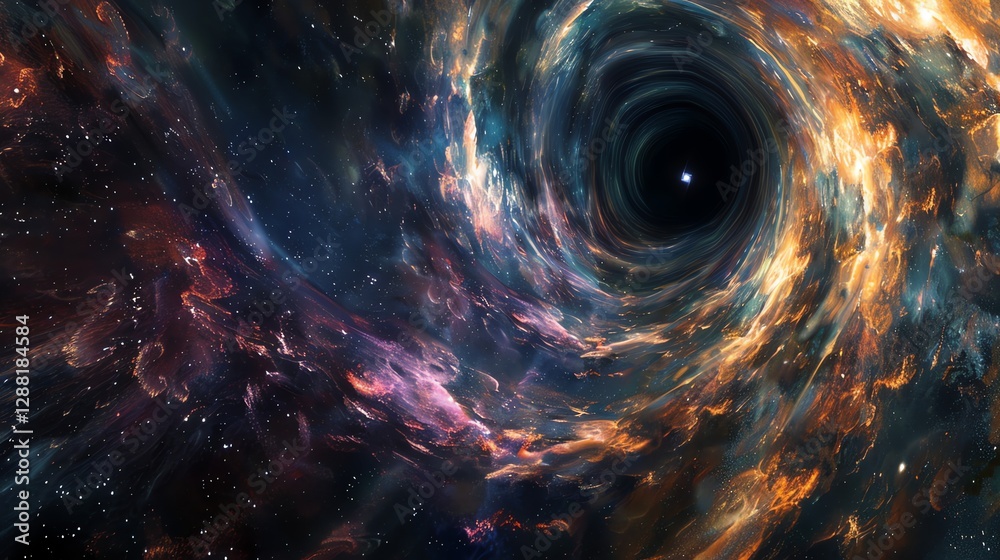 Wall mural a black hole in space with swirling nebulae of gas and dust around it.