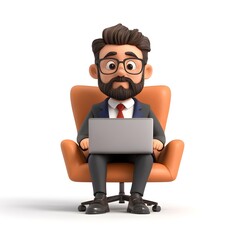 3D Cartoon Businessman Working On Laptop In Orange Chair