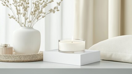 Minimalist decor with white candle and vase on a table, creating a calm and serene atmosphere in a cozy space.