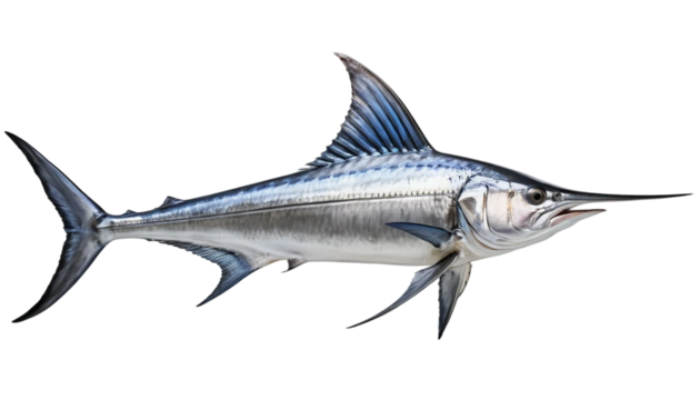 A whole swordfish with a very long, sharp bill isolated on white background. Suitable for marketing or business purposes. PNG file