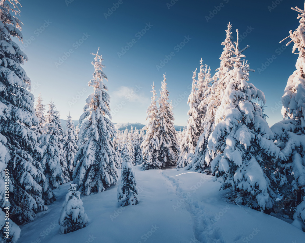 Aufkleber Scenic image of snowy fir trees on a frosty day after a heavy snowfall.