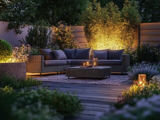 Outdoor patio with furniture and glowing AR temperature controls, serene modern garden, soft warm lighting, photorealistic