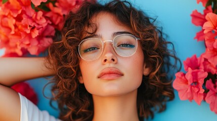 Fototapeta premium Woman with curly hair, wearing glasses and a white top, sitting near flowers with her hand on her face.