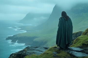 Mysterious figure gazes at foggy coastline with cliffs and ocean waves during a misty morning