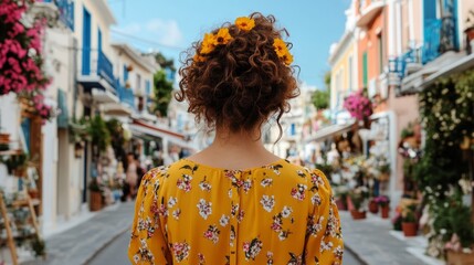 Fototapeta premium Person standing on street lined with shops, looking towards camera.
