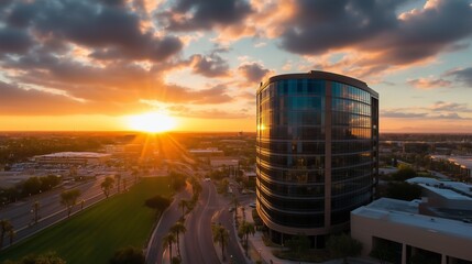 Sunset view over a modern building in a bustling urban area